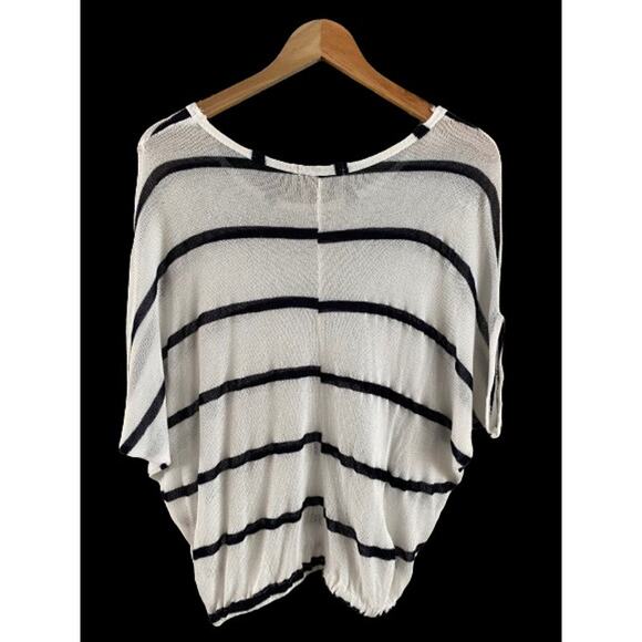 Papaya Semi Sheer Coastal Open Knit Black White Stripe Dolman 1/2 Sleeve Top Med - Picture 2 of 10